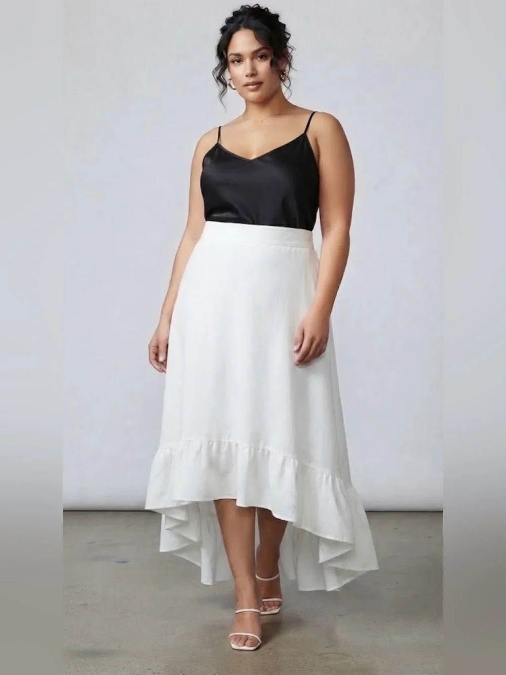 White Satin Ruffled Satin Ruffled Hem A Line Skirt Hi Low 4X